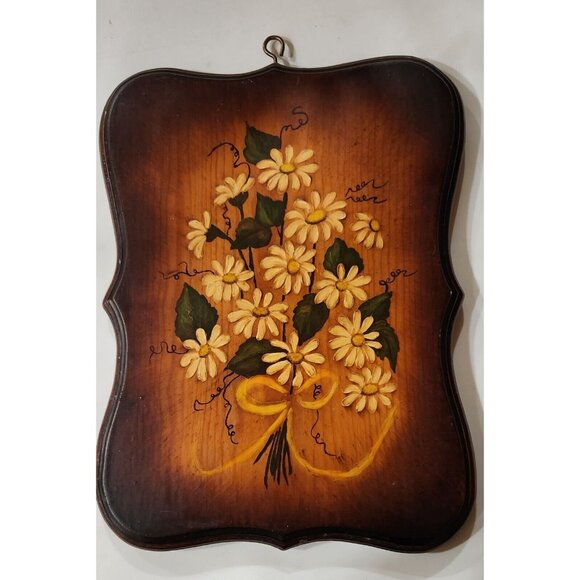 1970 Signed Vintage wood Plague with Yellow Flowers Cottage core - Picture 1 of 2